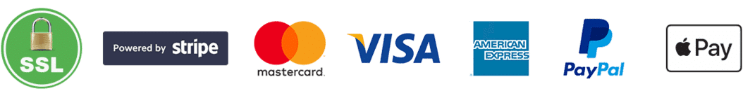 Visa, Mastercard, American Express, PayPal, Apple Pay, Stripe