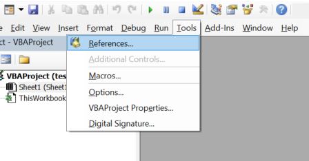 Tools then References menu in VBA