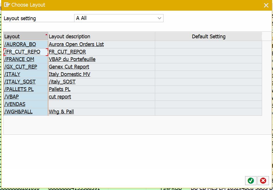 Layout selected in SAP list